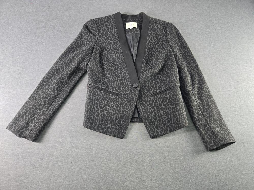 Ann Taylor LOFT Blazer Womens 4P Gray Leopard Print Tuxedo Cropped Petite Jacket